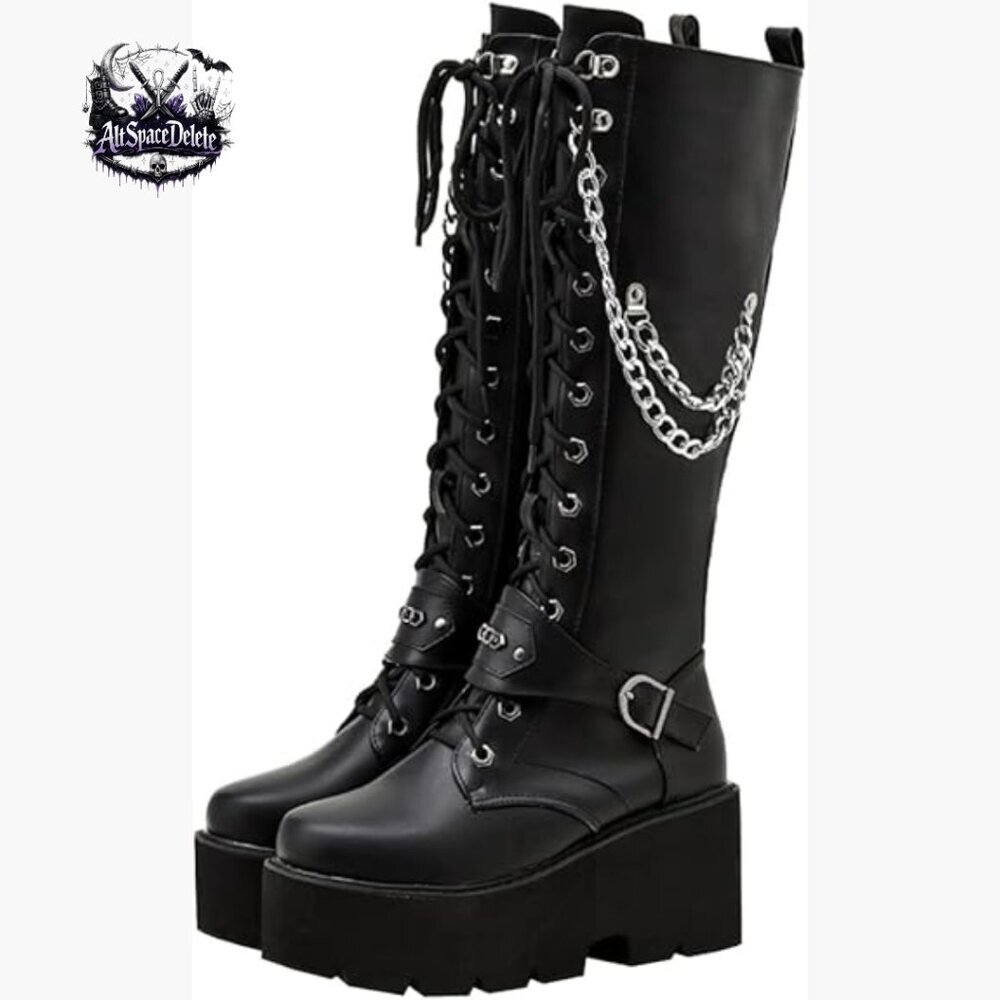 Knee High Platform Combat Boots with Buckle and Chain Punk Style